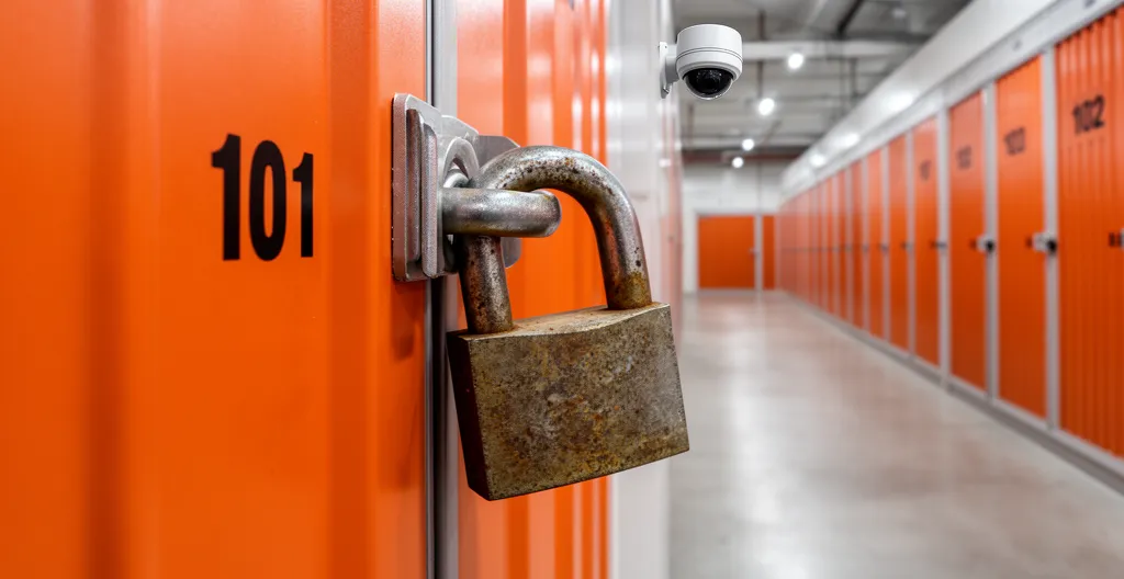 Cadenas blindé sur porte de box avec caméra de surveillance visible en arrière-plan