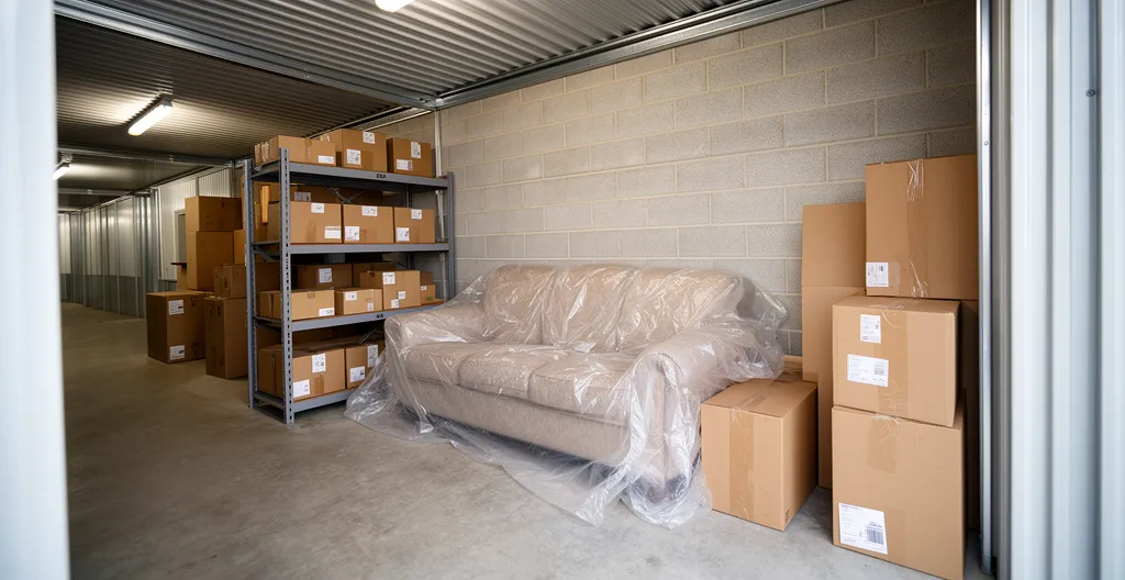 Vue intérieure d'un box de stockage avec meubles et cartons bien rangés