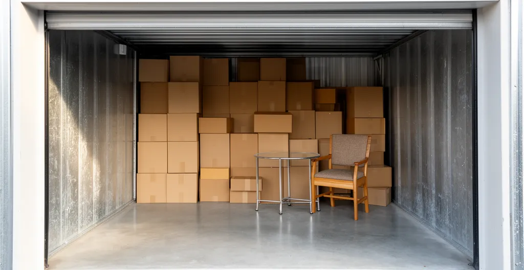 Box de stockage ouvert avec cartons et meubles rangés méthodiquement