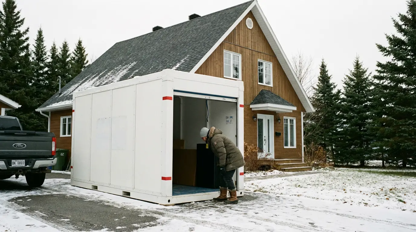 Conteneur de stockage mobile livré devant maison québécoise en hiver pour entreposage sécurisé