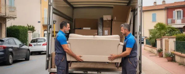 Équipe de déménageurs chargeant un canapé dans un camion rue résidentielle Toulouse