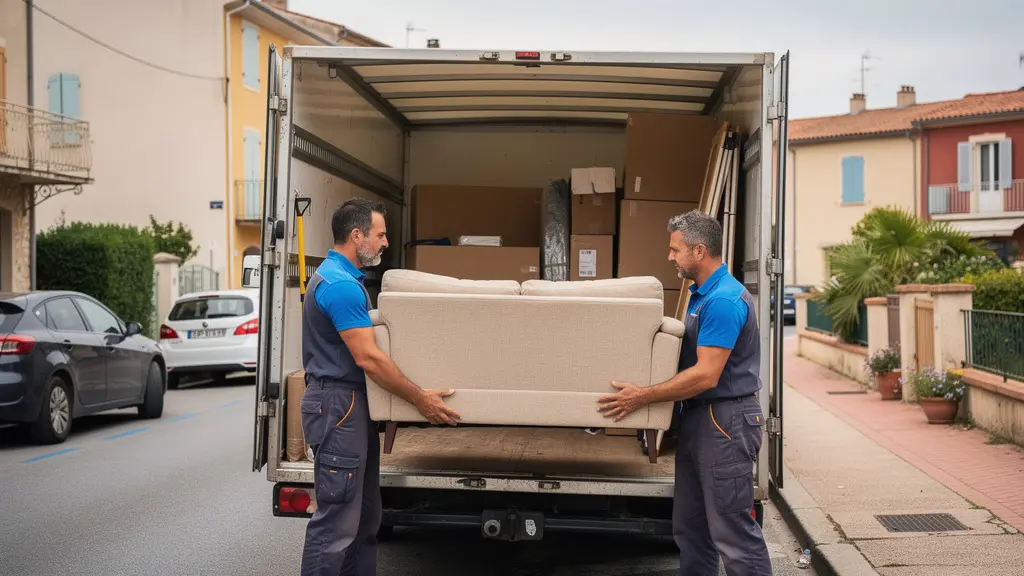 Équipe de déménageurs chargeant un canapé dans un camion rue résidentielle Toulouse