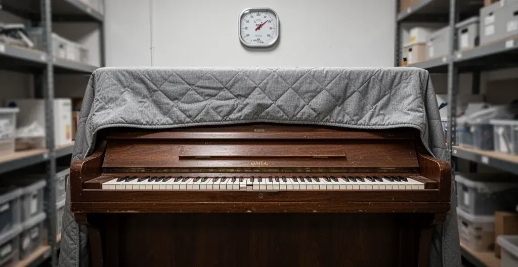 Piano droit avec housse de protection dans un espace d'entreposage chauffé