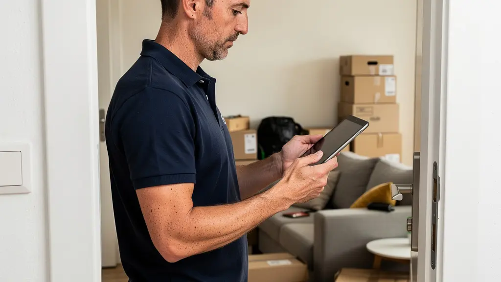 Déménageur évaluant le volume d'un appartement avec tablette
