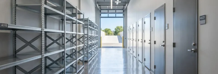 Intérieur spacieux et lumineux d'un box de stockage vide avec sol en béton ciré et étagères métalliques