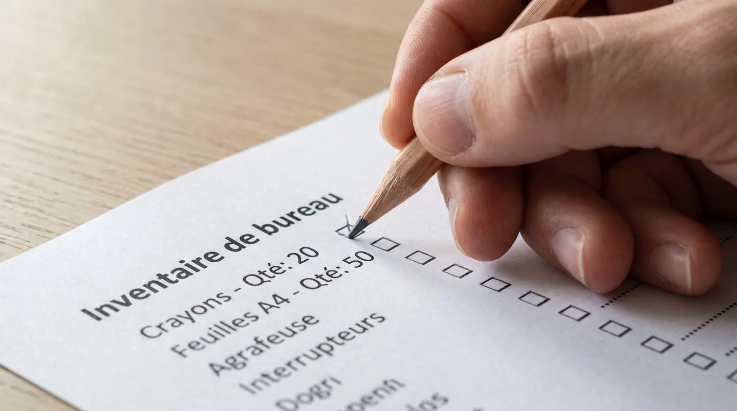 Gros plan d'une main tenant un crayon au-dessus d'une feuille d'inventaire avec des cases cochées posée sur une table en bois clair