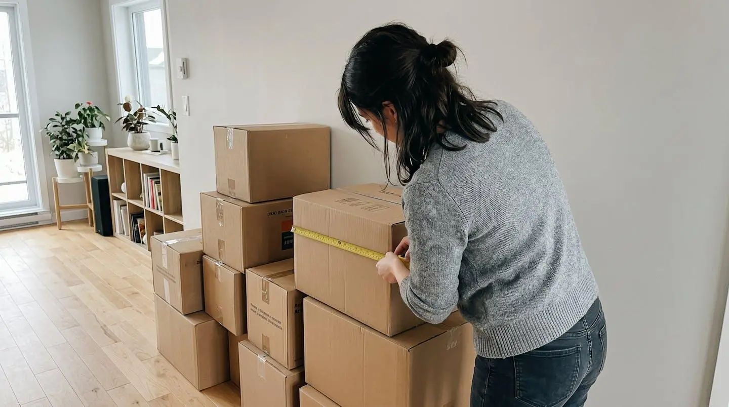 Vue par-dessus l'épaule d'une personne mesurant avec un mètre ruban la hauteur d'une pile de cartons de déménagement dans un intérieur moderne