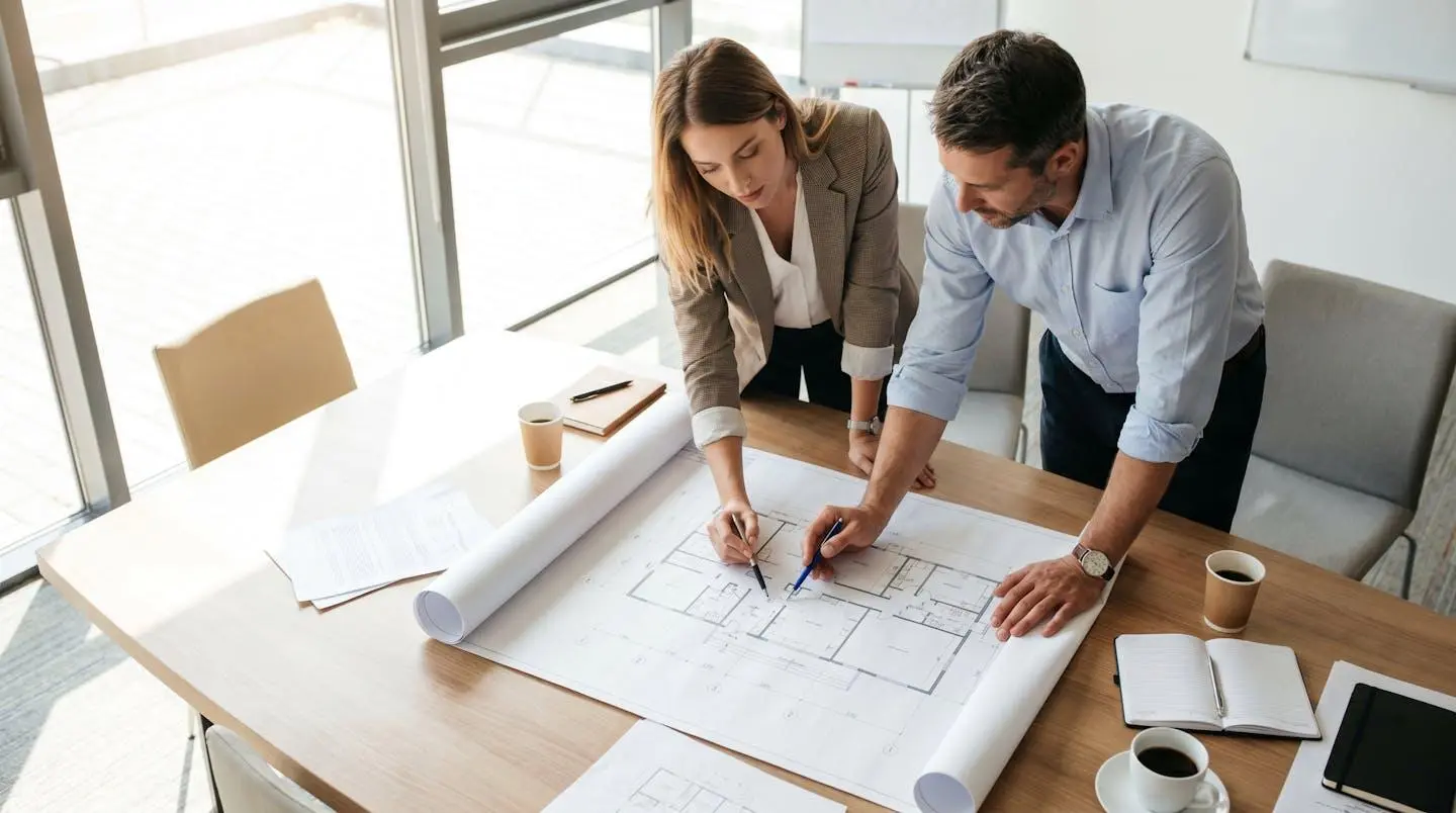 Deux collaborateurs étudiant un plan d'implantation de bureaux sur une table, préparant la disposition des postes de travail dans les nouveaux locaux